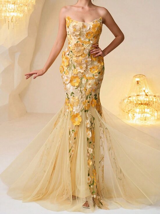 Dresses & Skirts - Yellow Elegant Women's Allover Print Patchwork Ruffle Sequin Mesh Formal Gown